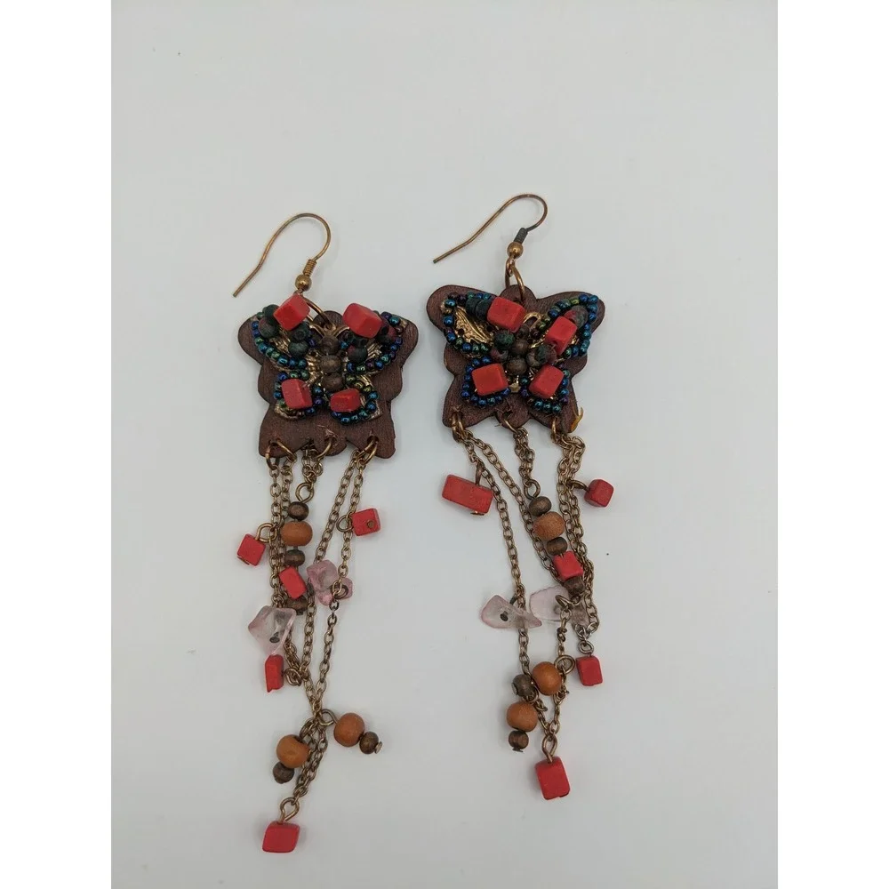 Bohemian Wood Butterfly Dangle Earrings Beaded Red‎ Bronze Tiered Chain 5